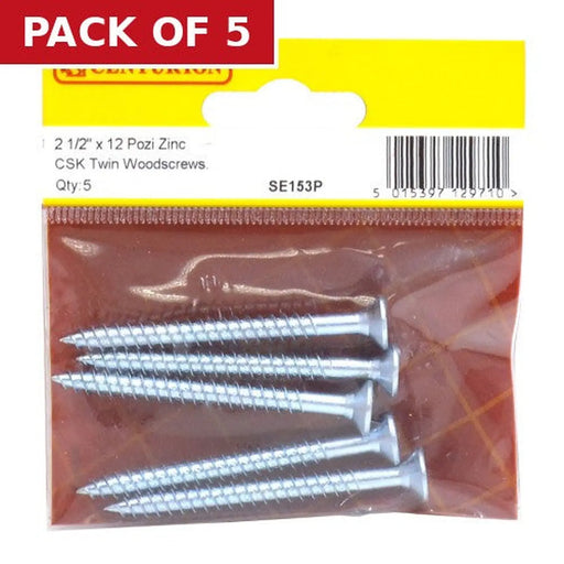 2 1/2" x 12 ZP Cross Recessed Hardened Twin Thread Woodscrews with Countersunk Head (Pack of 5)