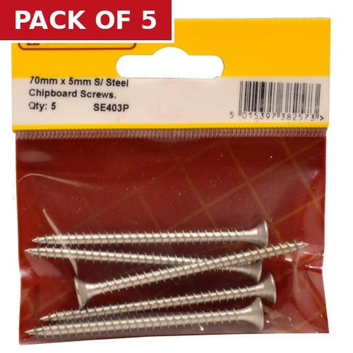 5mm x 70mm Stainless Steel Chipboard Screws CRCS Head Countersunk (Pack of 5)