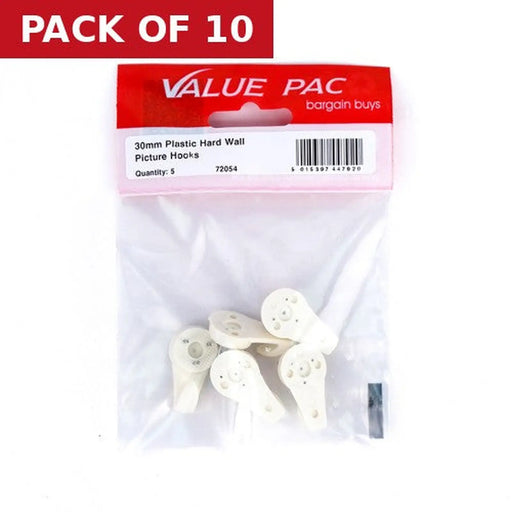 30mm Plastic Hard Wall Picture Hooks (Pack of 5) - Pack of 10