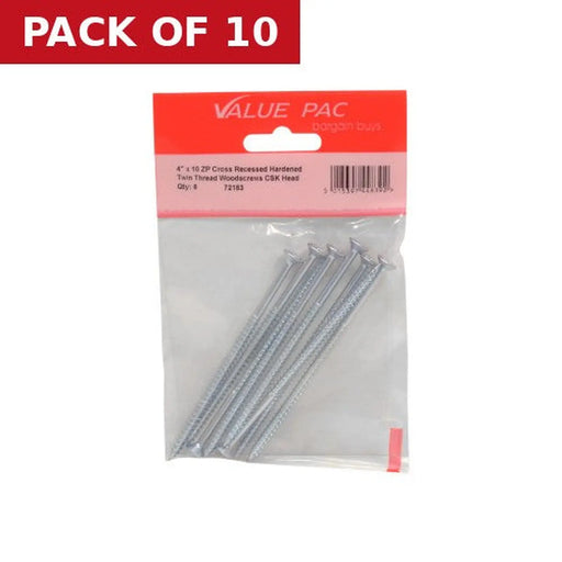 4" x 10 ZP Cross Recessed Hardened Twin Thread Woodscrews with - Pack of 10