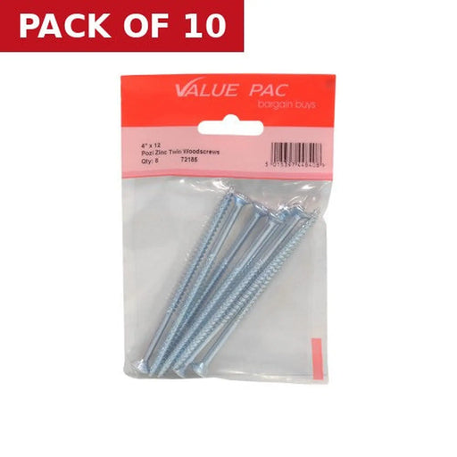 4" x 12 ZP Cross Recessed Hardened Twin Thread Woodscrews with - Pack of 10