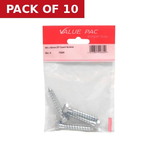 M8 x 50mm ZP Coach Screws (Pack of 4) - Pack of 10