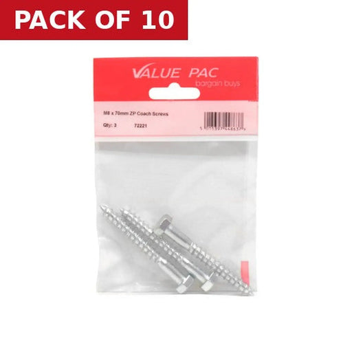 M8 x 70mm ZP Coach Screws (Pack of 2) - Pack of 10