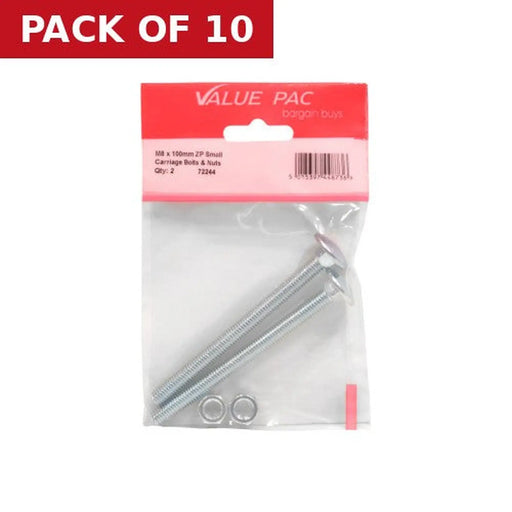 M8 x 100mm ZP Small Carriage Bolts & Nuts - Pack of 10
