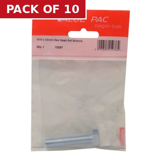 M10 x 50mm Hex Head Set Screw - Pack of 10