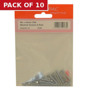 M3 x 25mm ZP Machine Screws & Nuts CSK - Pack of 10