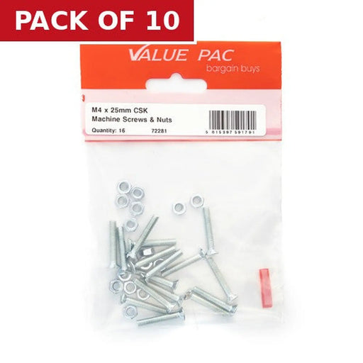 M4 x 25mm ZP Machine Screws & Nuts CSK - Pack of 10