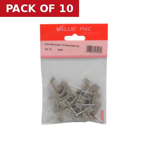6mm Flat Cooker T+E Grey Cable Clip 16pk - Pack of 10