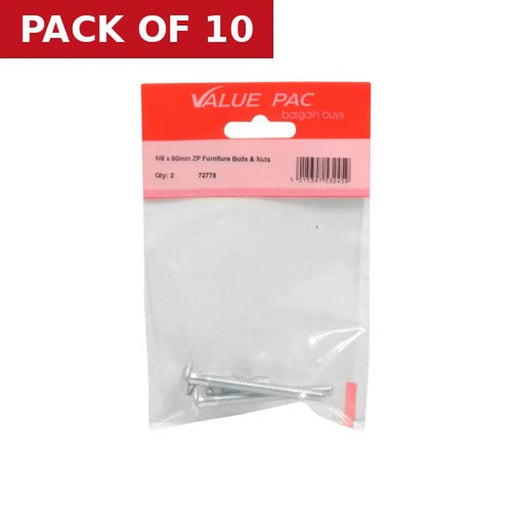 M6 x 60mm ZP Furniture Bolts & Nuts 2pk - Pack of 10