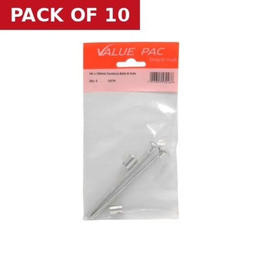 M6 x 100mm Furniture Bolts & Nuts 2pk - Pack of 10