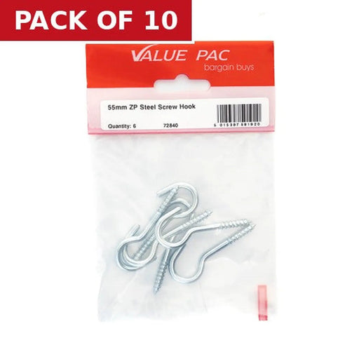55mm Zinc Steel Screw Hooks - Pack of 10