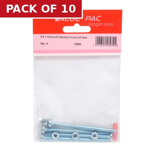 M5 x 75mm ZP Machine Screws & Nuts 4pk - Pack of 10