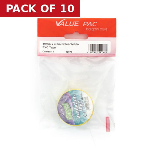 19mm x 4.5m Green/Yellow PVC Tape - Pack of 10