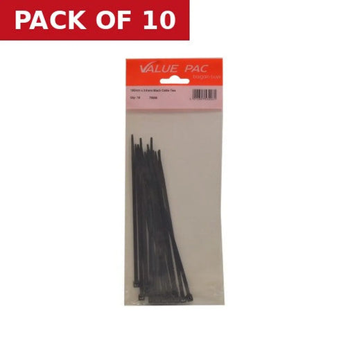 150mm x 3.6mm Black Cable Ties 15pk - Pack of 10