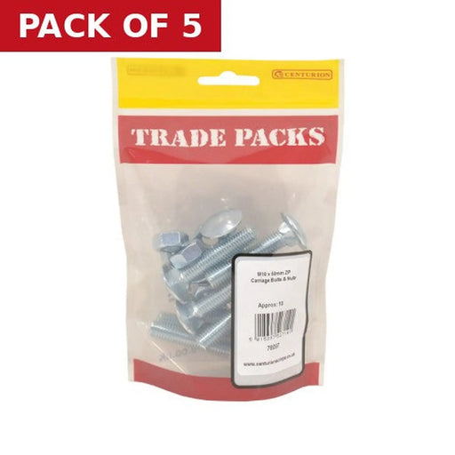 Cup Square Carriage Bolts & Nuts - Zinc Plated - M10 x 50mm - (10 - Pack of 5