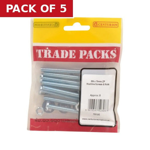 Machine Screws & Nuts - Zinc Plated - M6 x 75mm - (8 PK) - Pack of 5