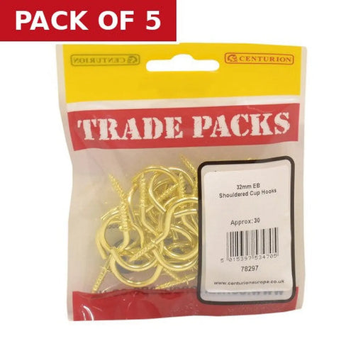 Shouldered Cup Hooks - Brass - 32mm - (30 PK) - Pack of 5