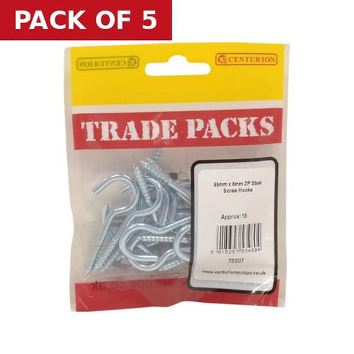 Steel Screw Hooks - Zinc Plated - 55mm x 8mm - (15 PK) - Pack of 5