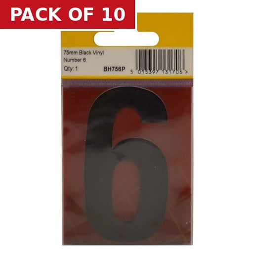 75mm Black Helvetica Bold Condensed Style Vinyl Number 6 - Pack of 10
