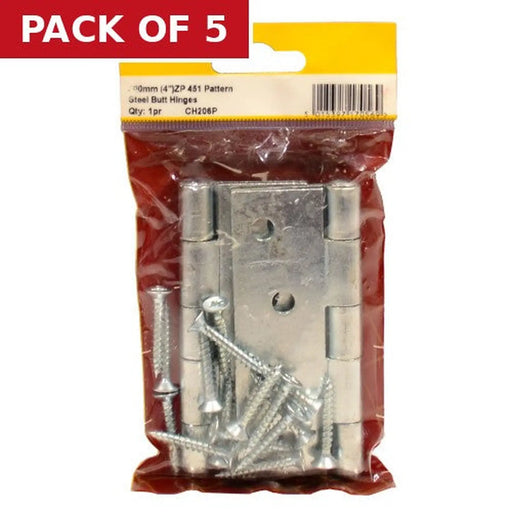 Strong Steel Butt Hinges, 100mm - Pack of 5