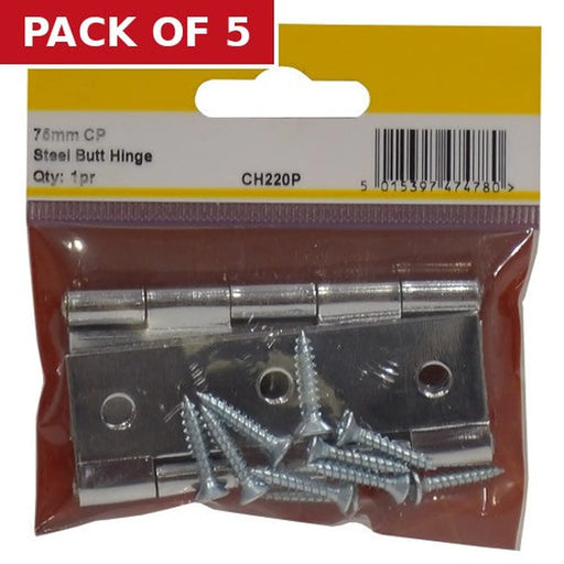 Steel Butt Hinges, Chromed, 75mm - Pack of 5