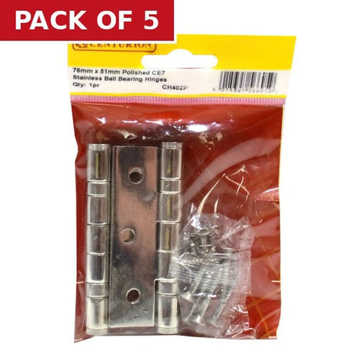 76mm x 51mm Polished CE7 Stainless Ball Bearing Hinges - Pack of 5