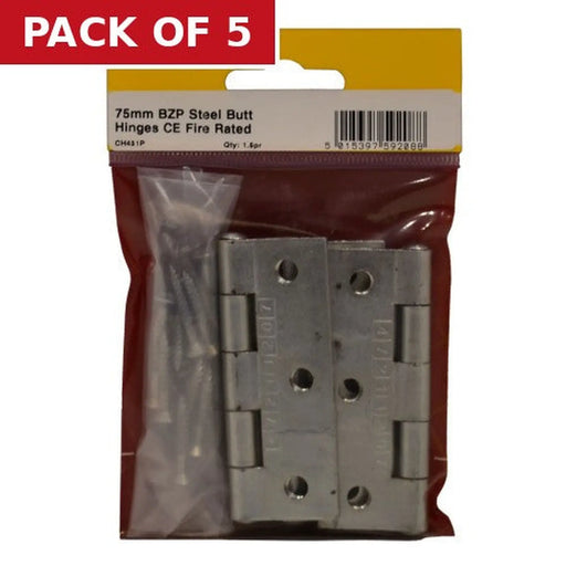 Steel Butt Hinges, Bright Zinc Plated, 76mm x 51mm - Pack of 5