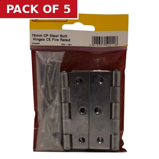 Steel Butt Hinges, Chrome Plated, 76mm x 51mm - Pack of 5