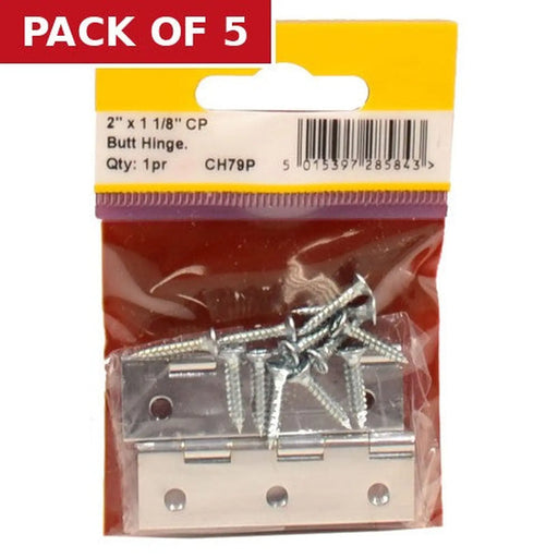 Solid Drawn Brass Butt Hinges, Chrome Plated, 51mm x 29mm - Pack of 5