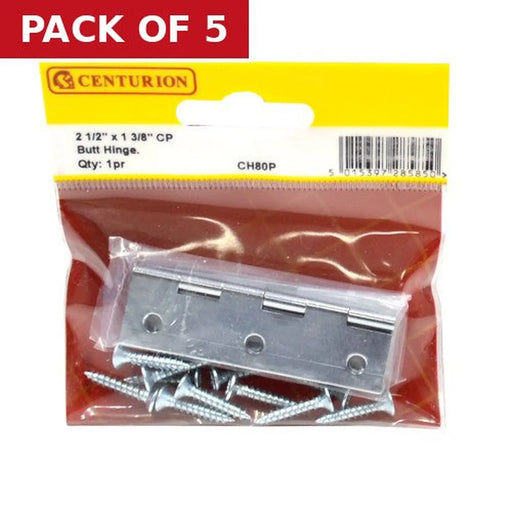 Solid Drawn Brass Butt Hinges, Chrome Plated, 64mm x 35mm - Pack of 5