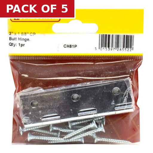3" x 1 5/8" 2mm CP Solid Drawn Butt Hinges (1 pair) - Pack of 5