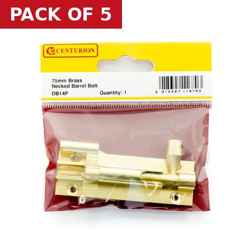 Necked Barrel Bolts, Polished Brass, 25mm x 75mm - Pack of 5