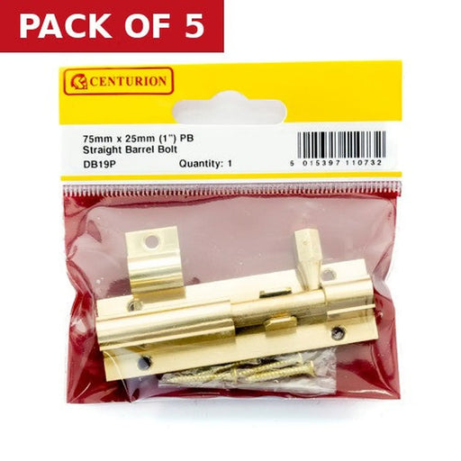Straight Barrel Bolts, Polished Brass, 25mm x 75mm - Pack of 5