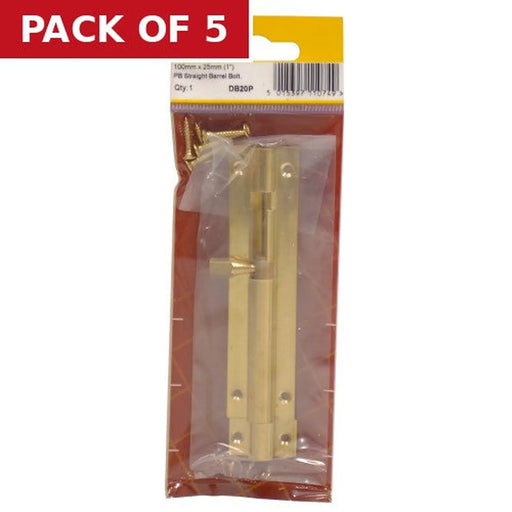 Straight Barrel Bolts, Polished Brass, 25mm x 100mm - Pack of 5