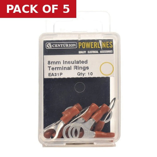 8mm Red Insulated Terminal Rings, Pack of 10 - Pack of 5