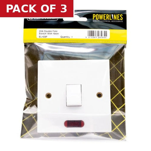 20 Amp Double Pole Switch with Neon - Pack of 3