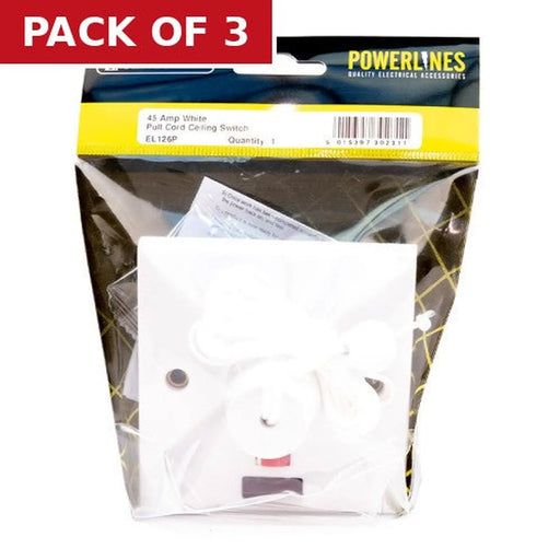 45 Amp White Pull Cord Ceiling Switch - Pack of 3