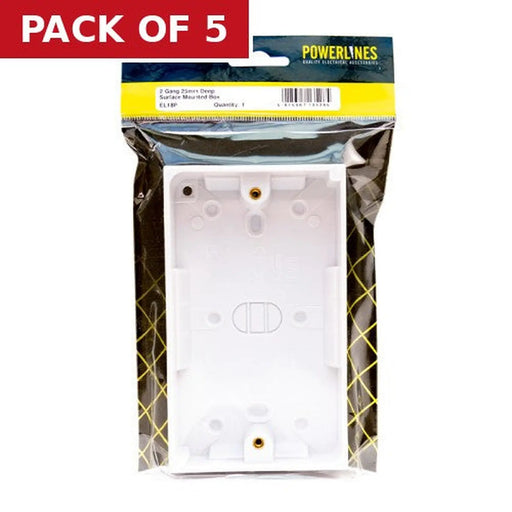 2 Gang  Surface Mounted Box, 25mm Deep - Pack of 5