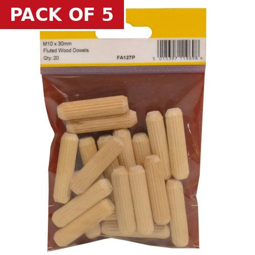 M10 x 40mm Fluted Wooden Dowel (Pack of 20) - Pack of 5