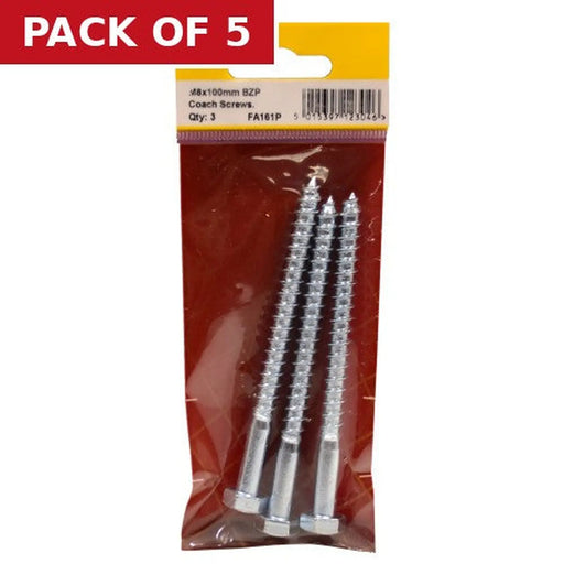 M8 x 100mm ZP Coach Screws  (Pack of 3) - Pack of 5