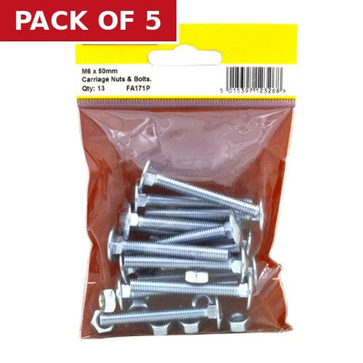 M6 x 50mm ZP Small Carriage Bolts & Nuts (Pack of 13) - Pack of 5