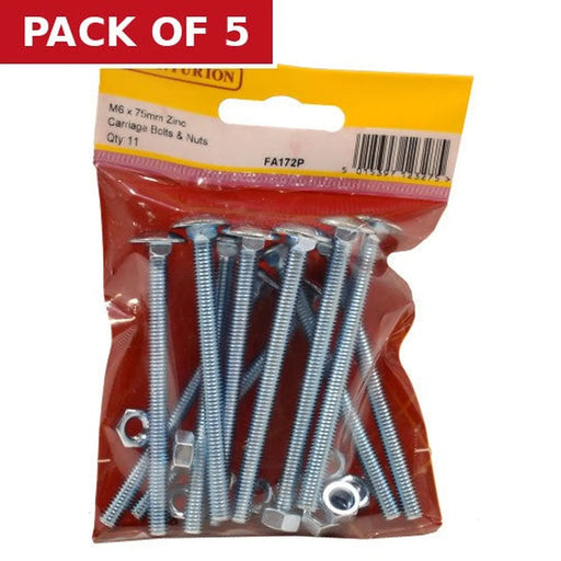 M6 x 75mm ZP Small Carriage Bolts & Nuts (Pack of 11) - Pack of 5