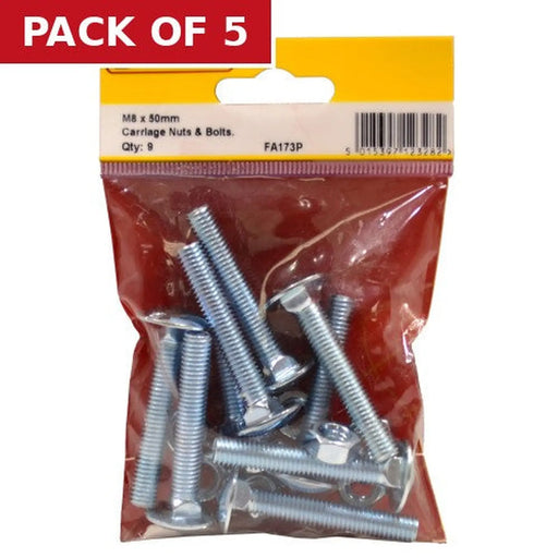 M8 x 50mm ZP Small Carriage Bolts & Nuts (Pack of 9) - Pack of 5