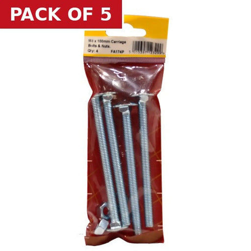 M8 x 100mm ZP Small Carriage Bolts & Nuts (Pack of 4) - Pack of 5