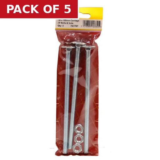 M8 x 150mm ZP Small Carriage Bolts & Nuts (Pack of 3) - Pack of 5