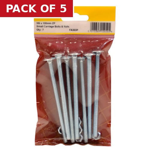 M6 x 100mm ZP Small Carriage Bolts & Nuts  (Pack of 7) - Pack of 5