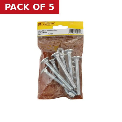 M8 x 75mm ZP Small Carriage Bolts & Nuts  (Pack of 7) - Pack of 5