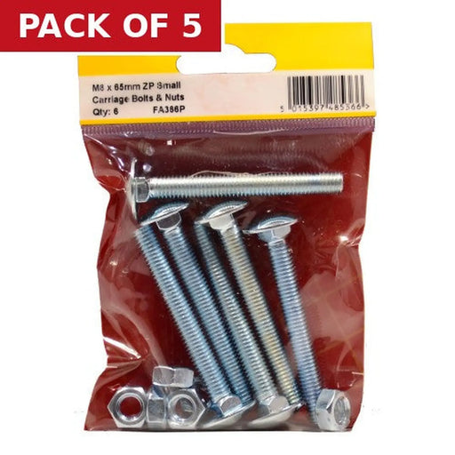 M8 X 65mm ZP Small Carriage Bolts & Nuts (Pack of 6) - Pack of 5
