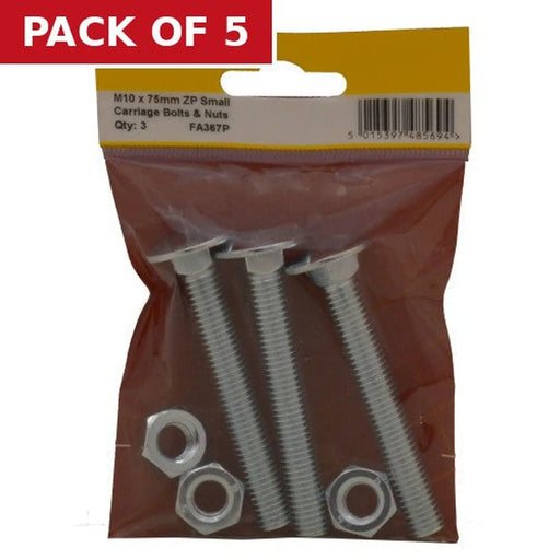 M10 X 75mm ZP Small Carriage Bolts & Nuts (Pack of 3) - Pack of 5