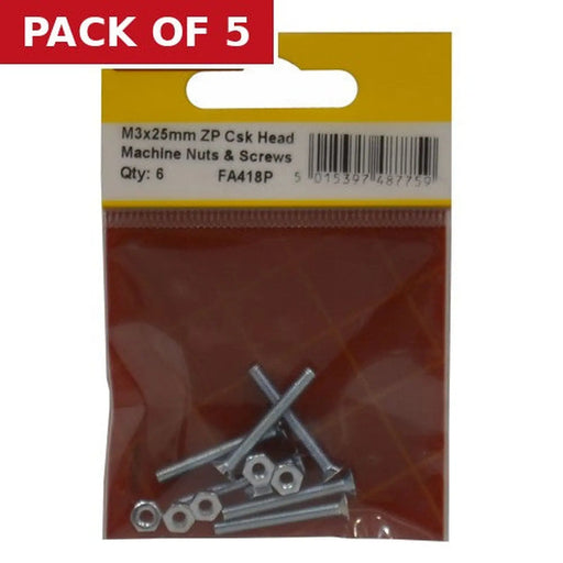 M3 x 25mm Machine Screws & Nuts - Countersunk Head - Zinc Plated - - Pack of 5